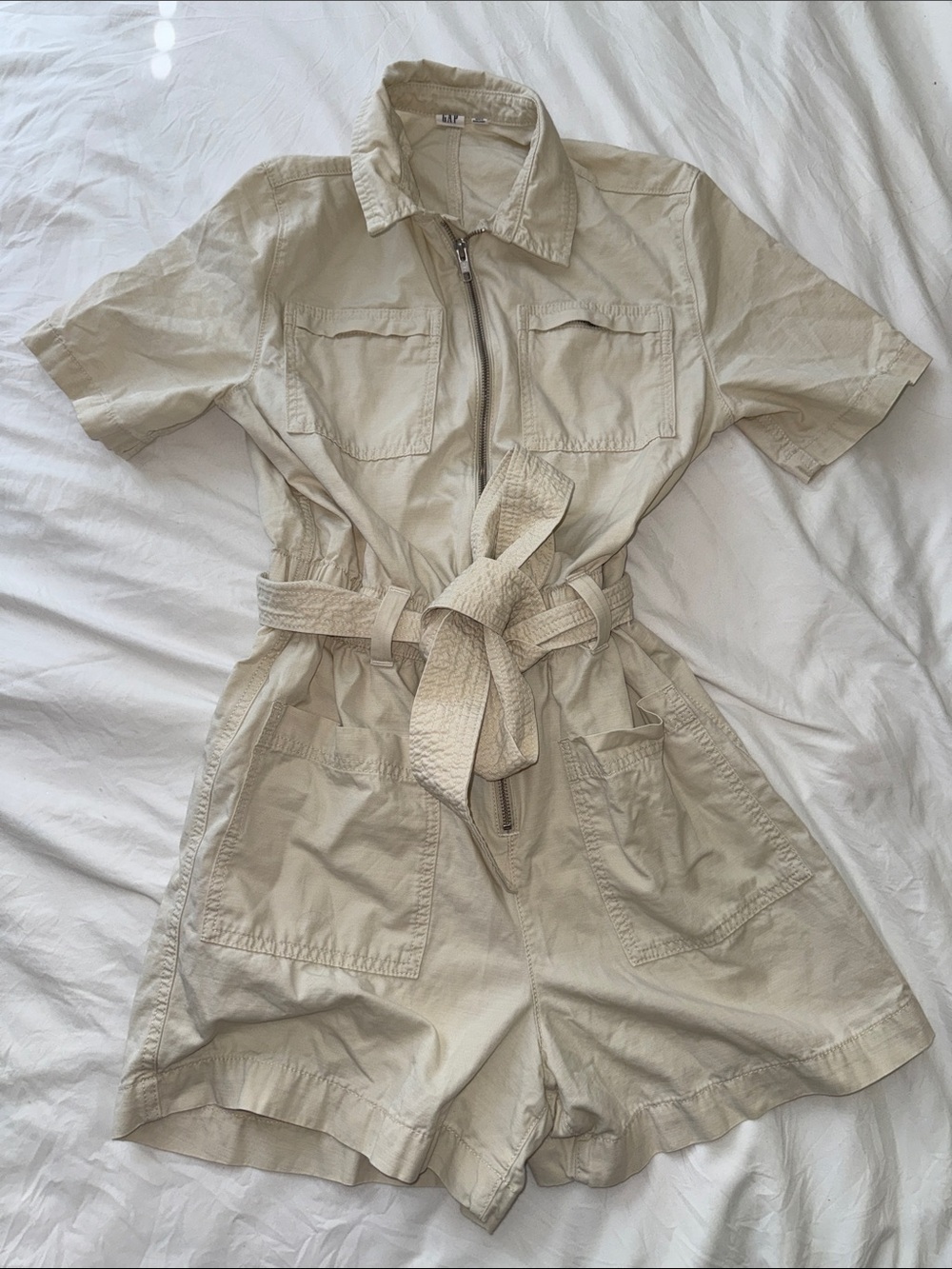 Short-Sleeve Utility One-Piece Romper in Light Beige